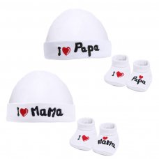 HB30-W: White I ♡ Mama/Papa Hat & Bootee Set
